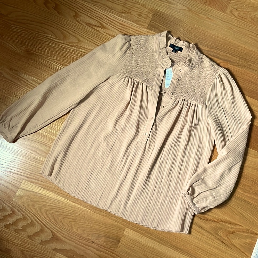 J. Crew Khaki Long Sleeve Smocked Gauze Garden Top NWT XS